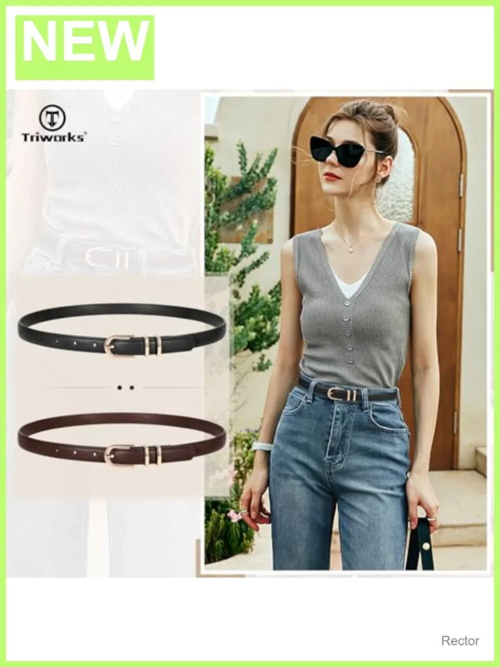 2 Pack Women Skinny Faux Leather Belts Gold Buckle Pants Jeans
